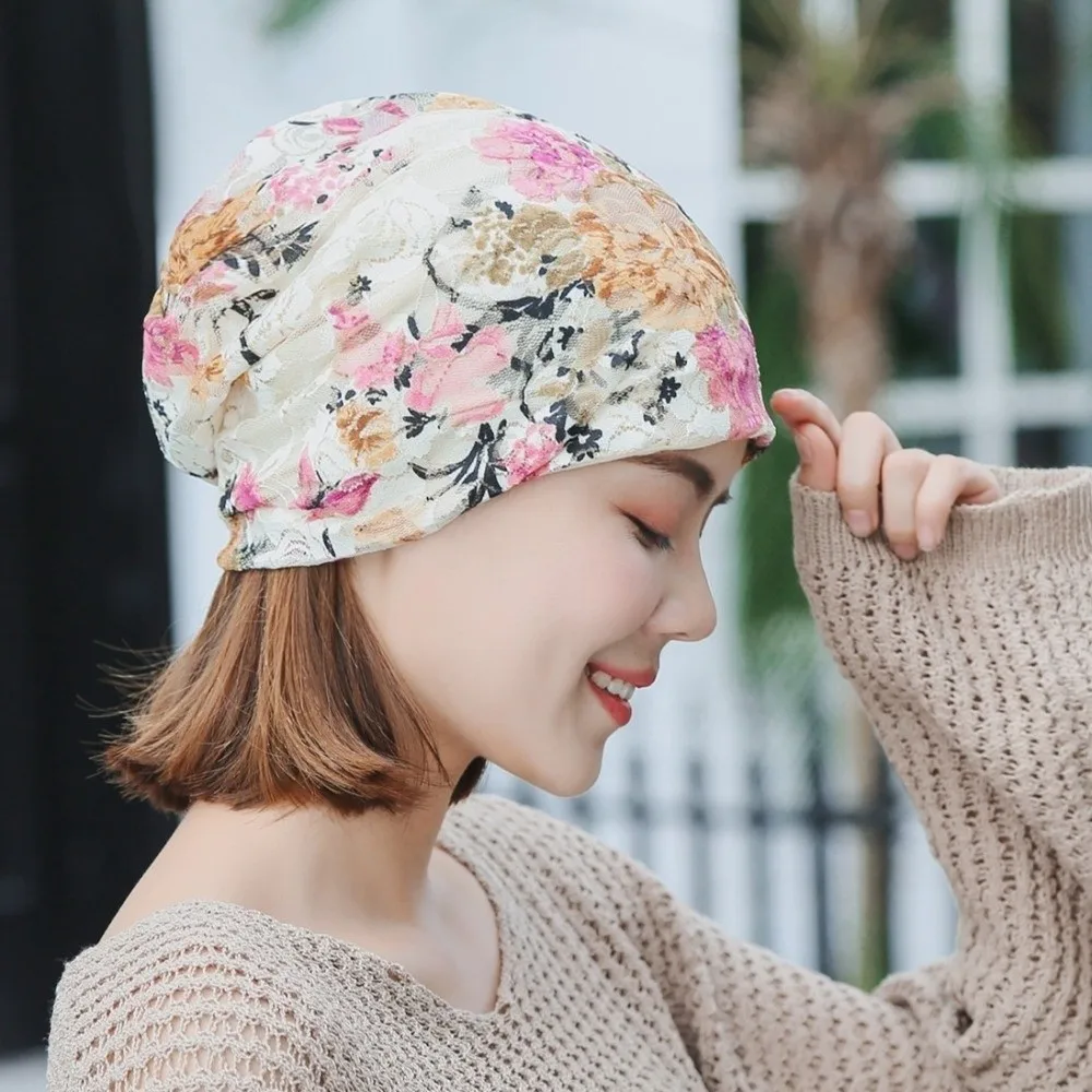 

Turban Hat Floral Pattern Floral Lace Beanie Comfortable Breathable Stretch Slouchy Turban Soft Chemo Cap Head Covering