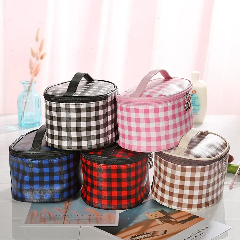 Retro Simple Checkered Travel Makeup Bag Makeup Brush Makeup Storage Bag Japanese and Korean Portable Washbag