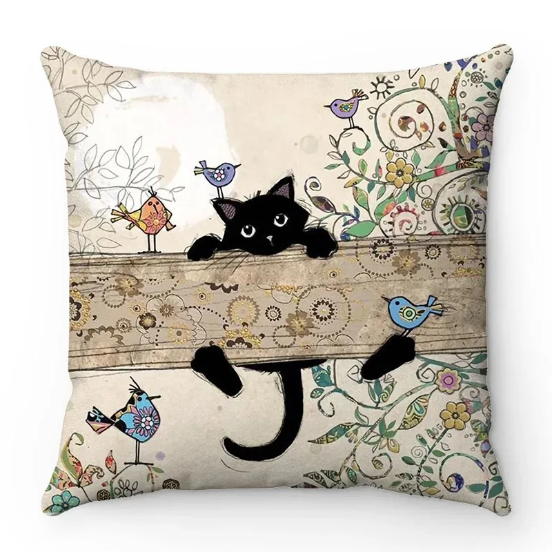 Cartoon Little Black Cat Cute Pet Fairy Tale Pattern Sofa Cushion Cover Home Decoration Living Room Office Pillowcase