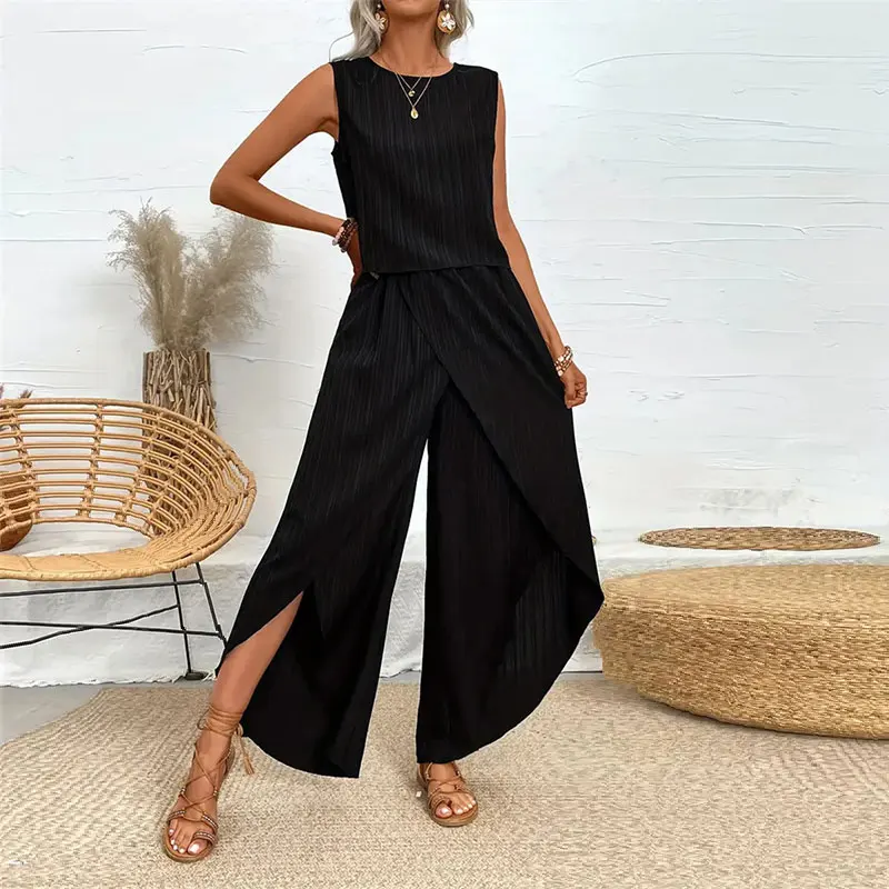 Y.KUKU New Brand Summer Pant Sets For Women 2 Pieces Outfits Elegant Solid Sleeveless Fashion Cross Wide-leg Loose Office Suits