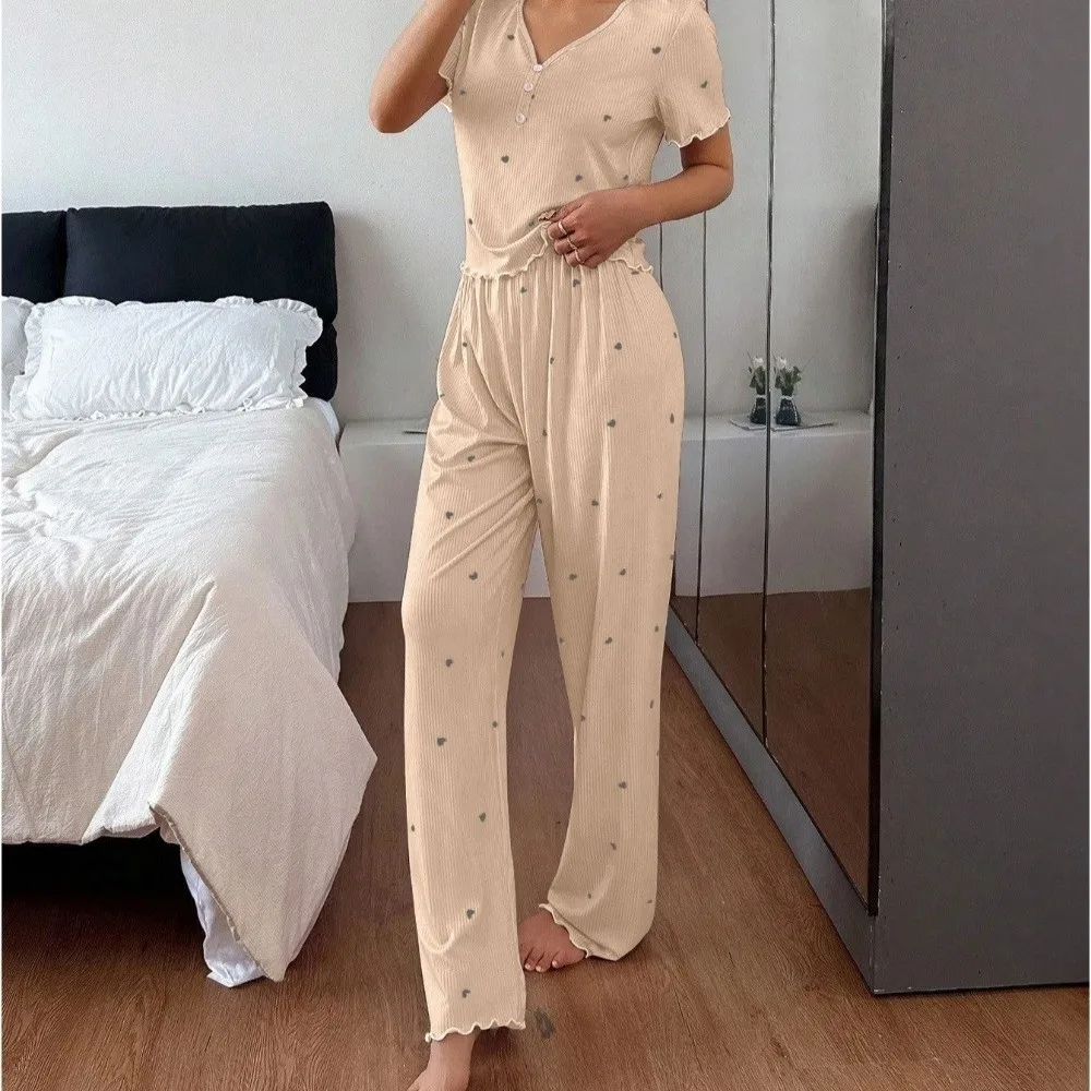 Sweet Short Sleeve Pajamas Set Striped Heart Loungewear Set Long Pants V-neck Nightwear Sets Night