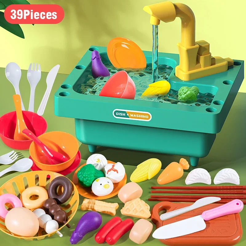 Electric Dishwashing Table Simulation Kitchen Basin Sink Circulating Water Pretend Play Housework Educational Toy Girl XmasGifts