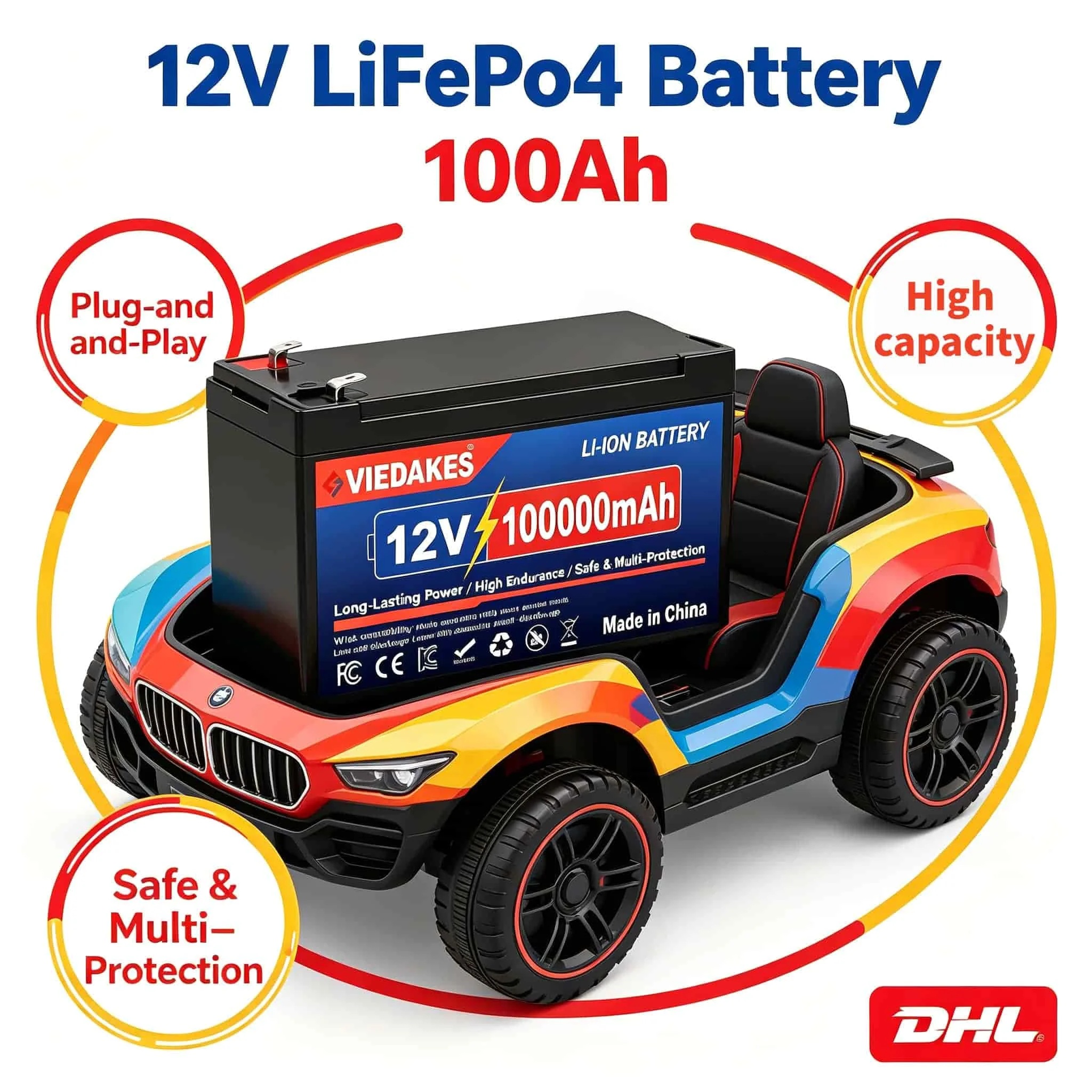 VIEDAKES 12V 100Ah LiFePO4 Deep Cycle Battery Rechargeable Lithium Iron Phosphate for Solar Marine Camping Power