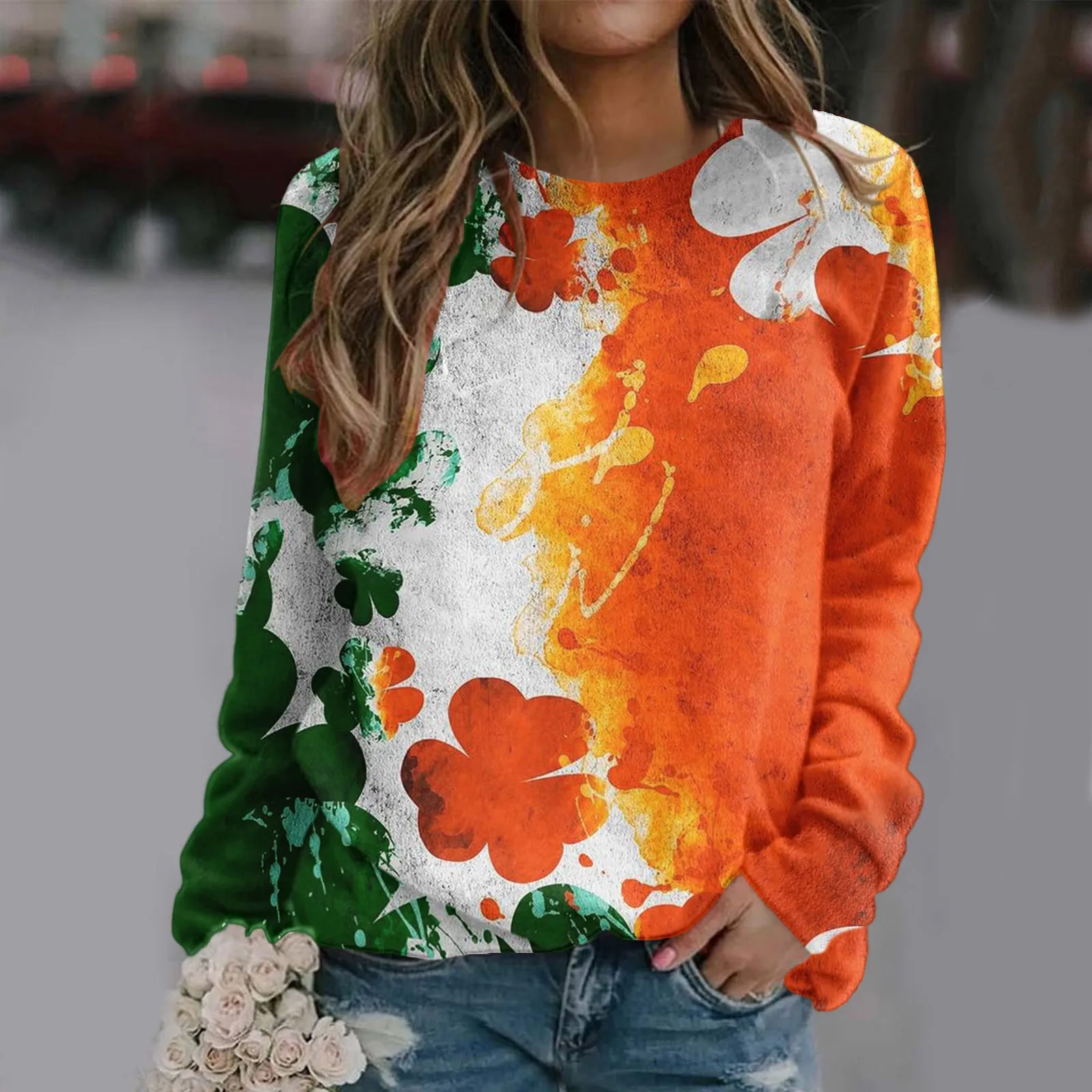 Suitable Tops For Womens St Patricks Day Print O Neck Sweatshirt Round Neck Fit Basic Pullover Top Gothic daily shirt