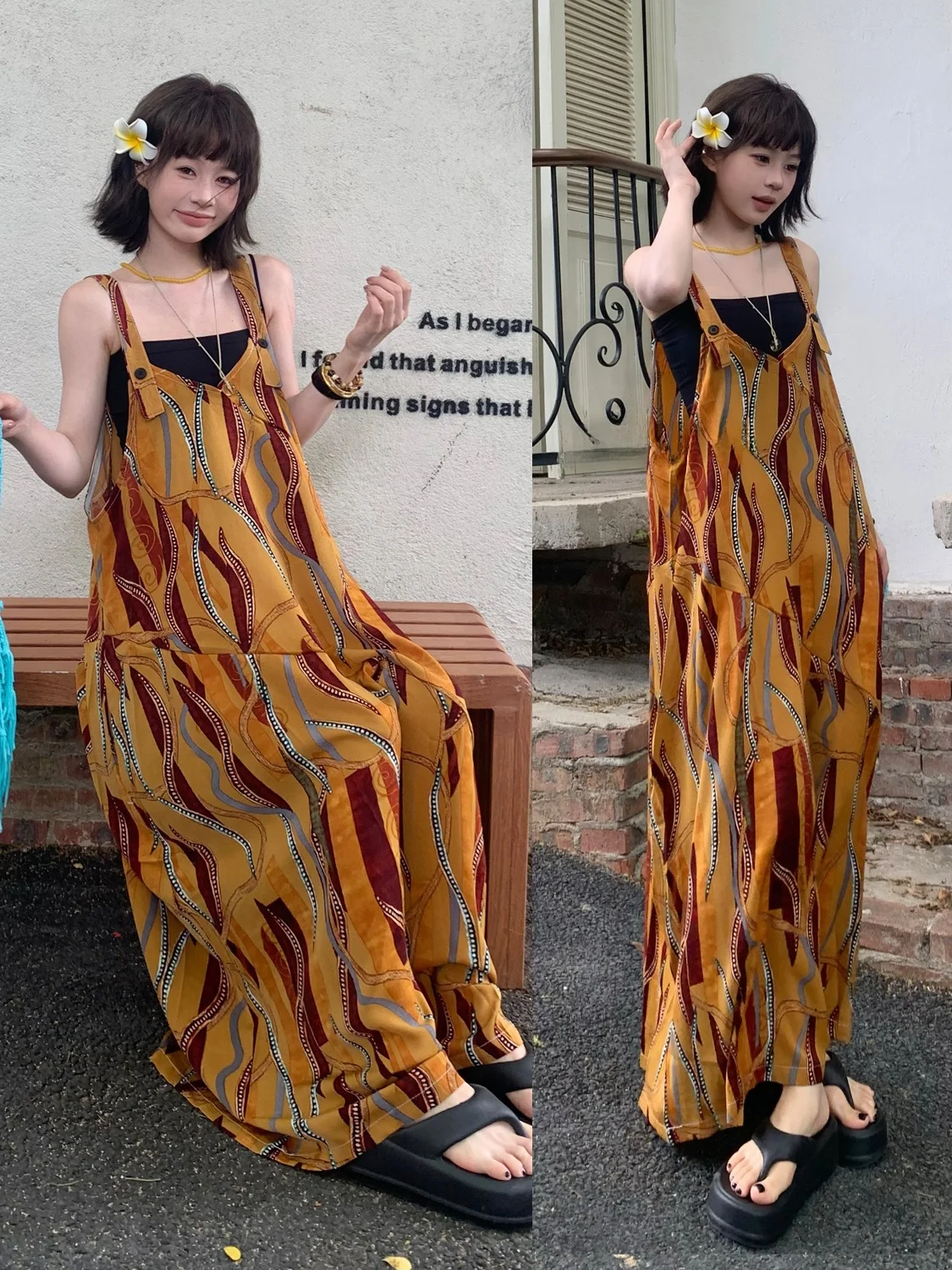 

Artistic Loose Wide Leg Jumpsuit Women's Summer High Waist Long Pants Glowing Yellow Strap Rer Commute Sle Polyester