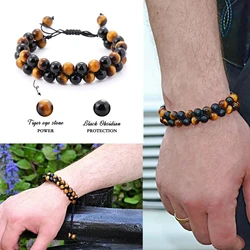 Natural Tiger Eye Stone Hematite Adjustable Bracelet Double Hand-Woven Rows Of Beads Bracelet Men's Friendship Bracelet Jewelry