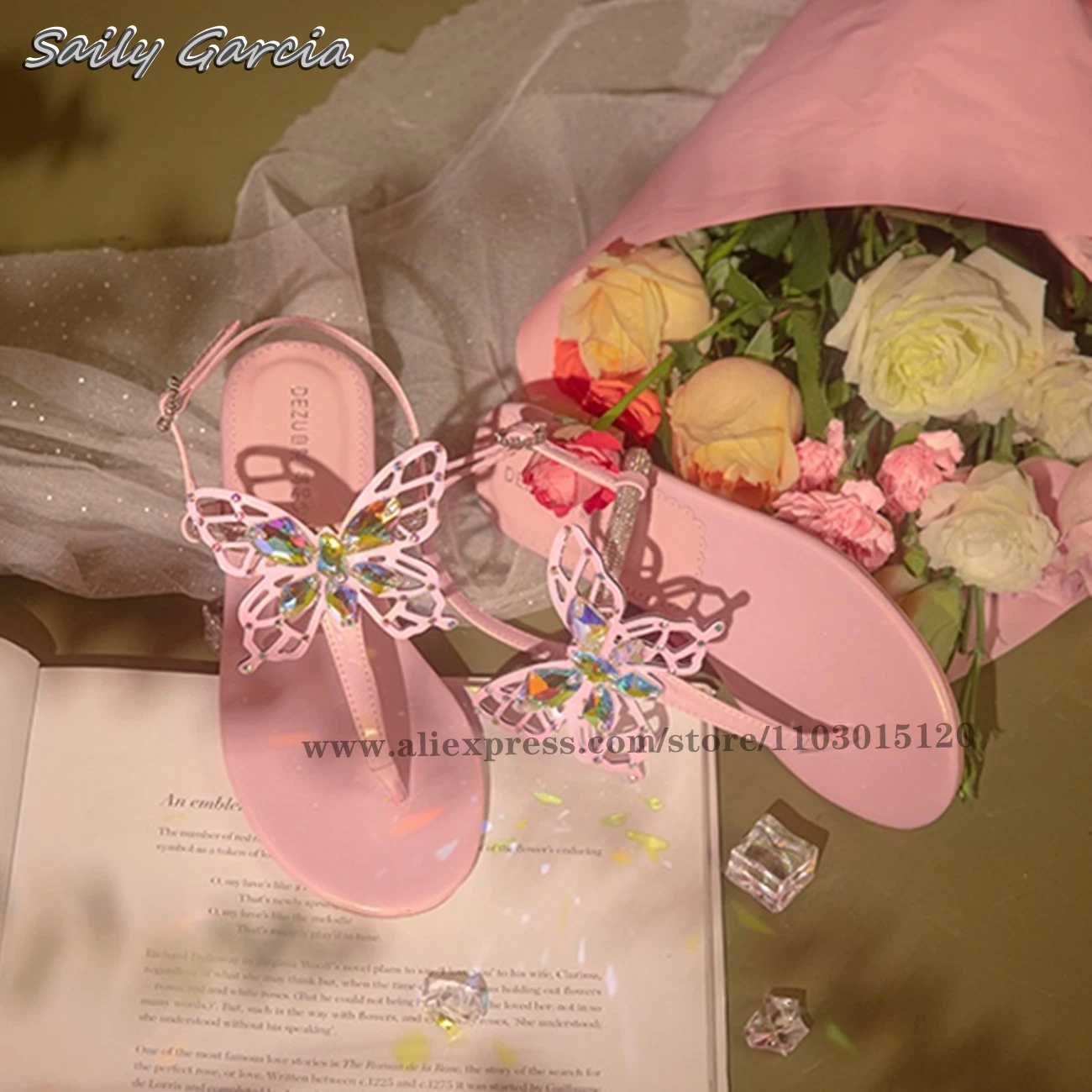 Pink Crystal Butterfly Belt Buckle Strap Flip Flops Flats Summer NEW Bohemia Style Sexy Beach Shoes Open Toe Lovely Casual Shoes