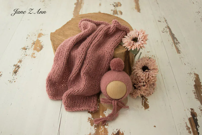 Hand knitted woven blanke 50x50cm +wool ball hat solid multi-colors newborn photography supplies props