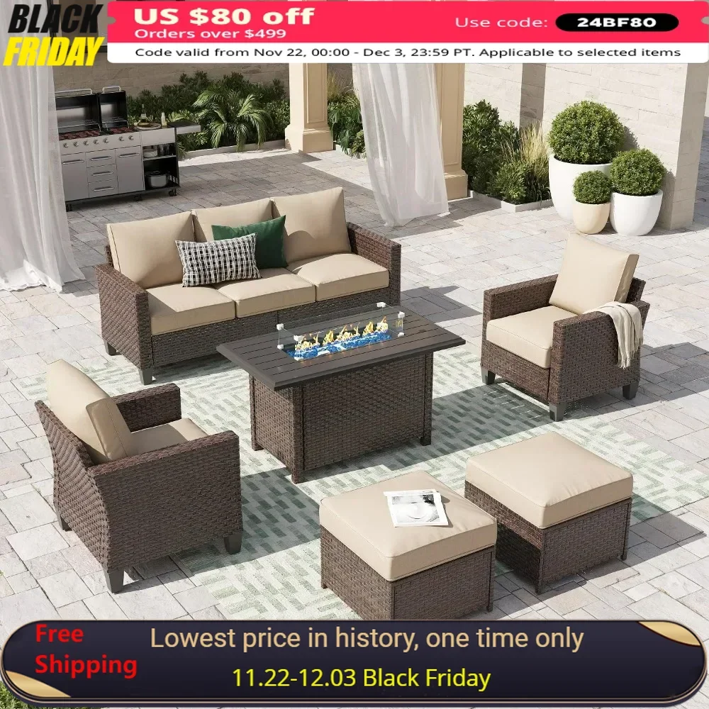 Outdoor Patio Furniture Set with Fire Pit Table with 43in Propane Firepit Sectional Dining Set 3 Seat Sofa Couch with Ottoman