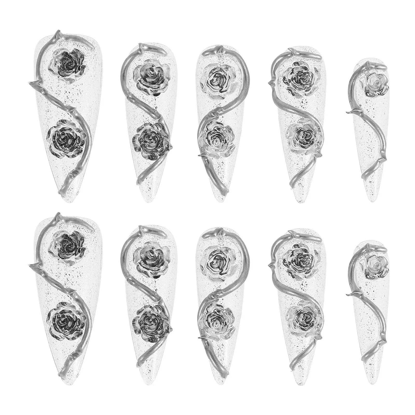 

10Pcs Rose Nail Charms Clear Press on Nails High Transparency Thorny Design Reusable Full Cover Fake Nails DIY Manicure