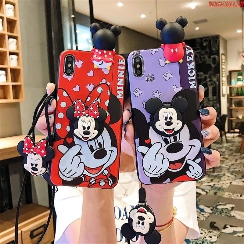 3D Minnie Mickey Case With Holder Rope For Samsung Galaxy M23 M20 M14 M13 M12 M11 M10S M10 M04 M02S M01S Lanyard Soft Cover