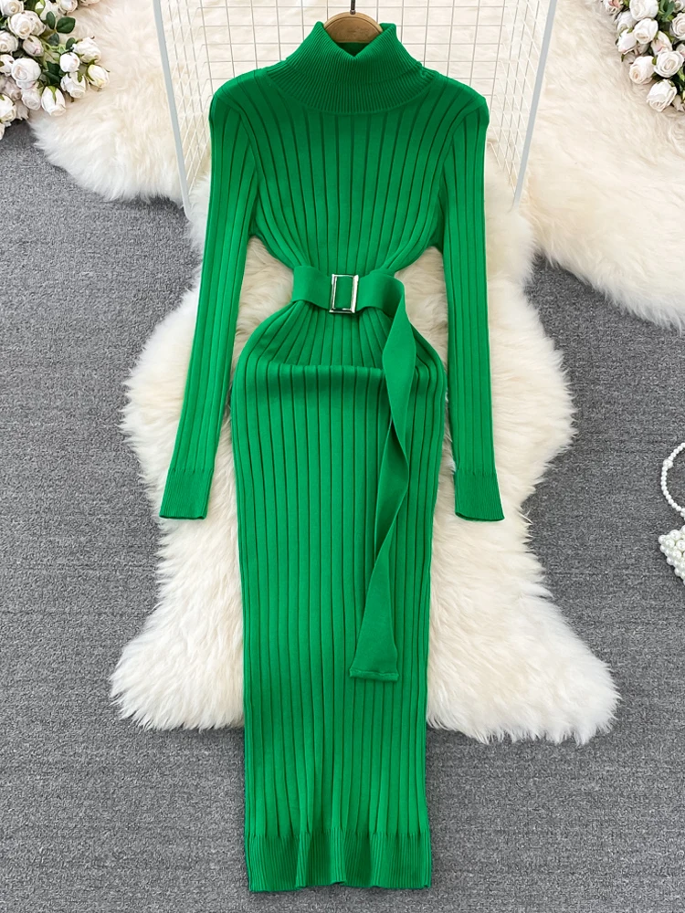 YuooMuoo Fashion Ribbed Knit Full Sleeve Dress with Belt Ladies Autumn Winter Elegant Knit Sweater Dress Women 2023 New Vestidos