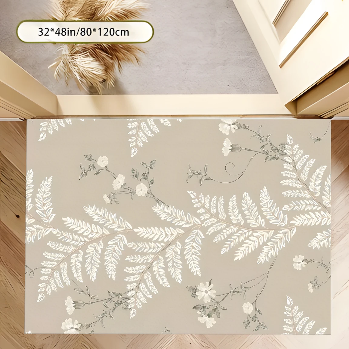 2D Carpet with Milk White Fern Floral Pattern in Light French Gentle Style for Living Room, Bedroom, and Bedside