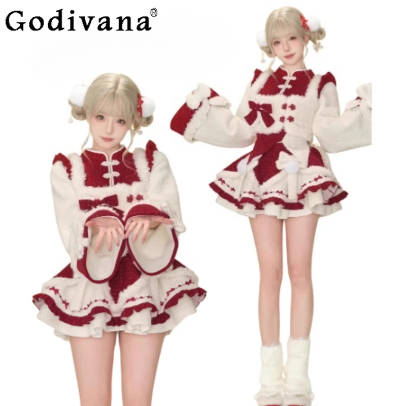 Autumn Winter Red Chinese Sweet Bow Long Sleeve Irregular Stand-up Collar Top Lolita Girls High Waist Age-reducing Cake Skirt