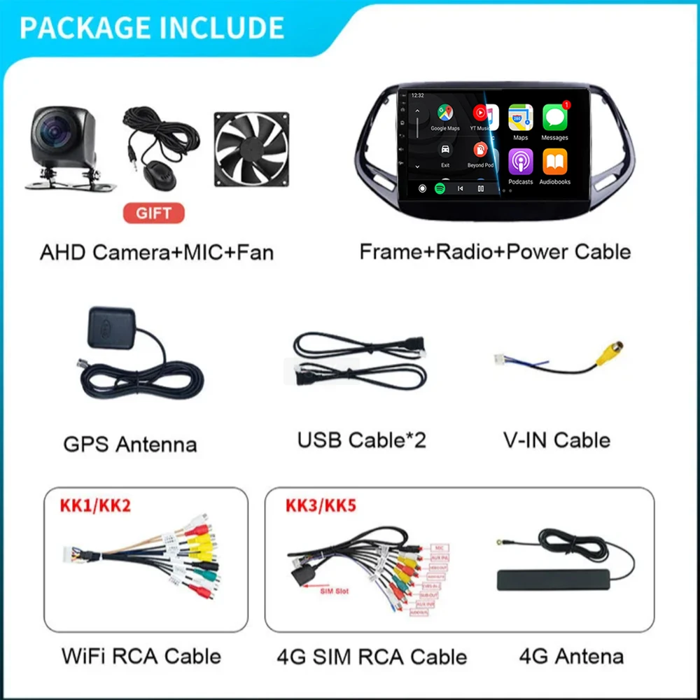 Android 16 Video Player Carplay Auto WIFI+4G For Jeep Compass 2017 2018 2019 Car Radio GPS Stereo Multimedia  2din Head Unit DSP