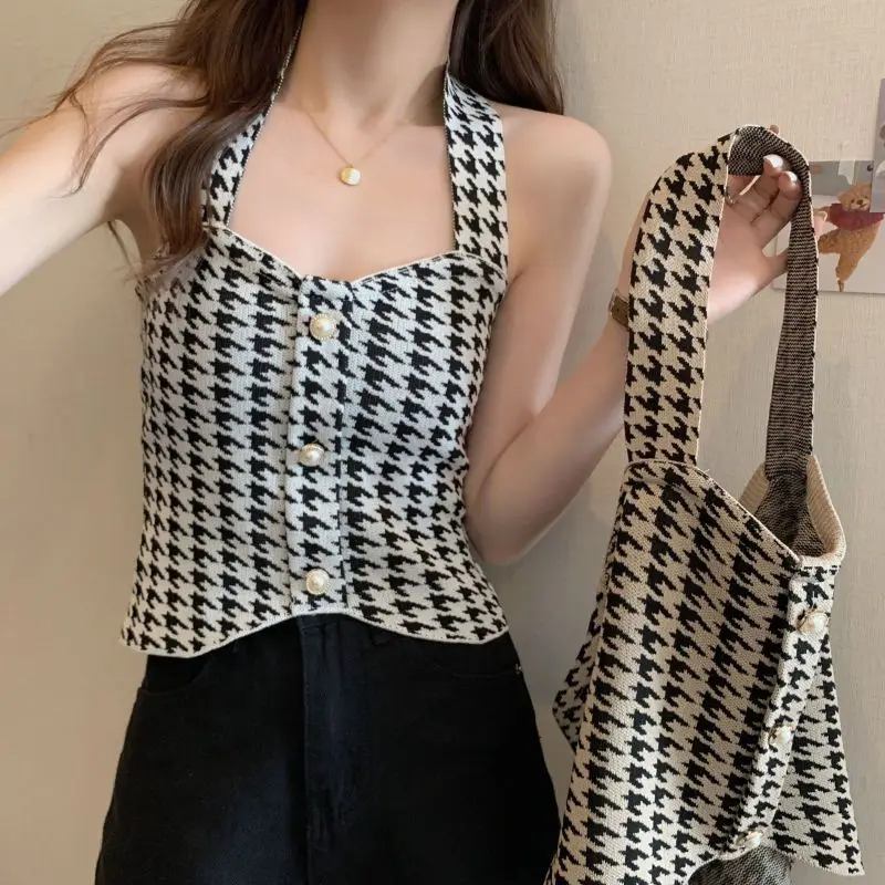 

Trend Sexy Camisole Printing V-neck Sleeveless Top Tee Women Clothes Fashionable Houndstooth Slim Buttons Camis Female Tunic
