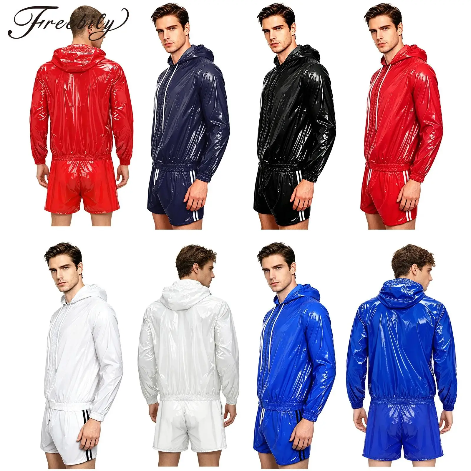 Men Waterproof Swimming Workout Outfit Long Sleeve Zip-up Hooded Jacket Windbreaker And Built-in Briefs Boxer Shorts Sweat Suit