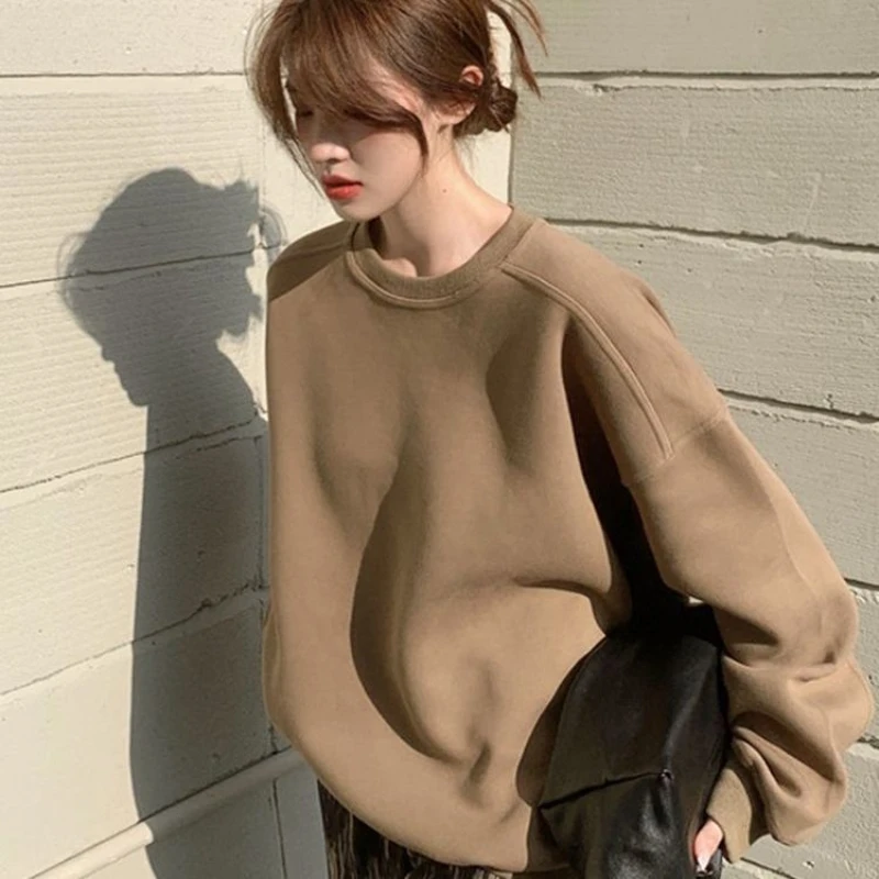 Brown Hoodie Women's American Round Neck Pullover Loose and Lazy Style Design Niche Long Sleeved Top