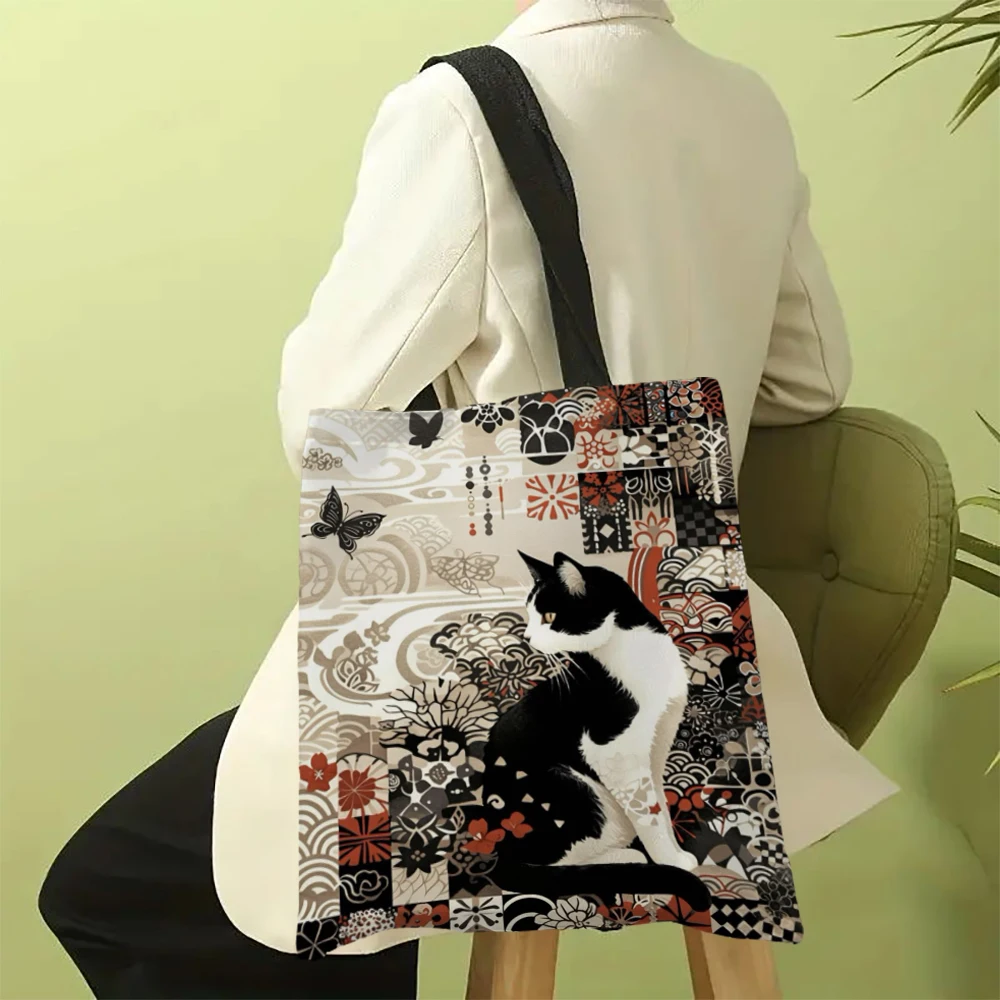 Butterfly Cat Pattern Bag High-Definition Digital Printed Shopping Bag Environmentally Friendly And Portable Linen Bag 7.2