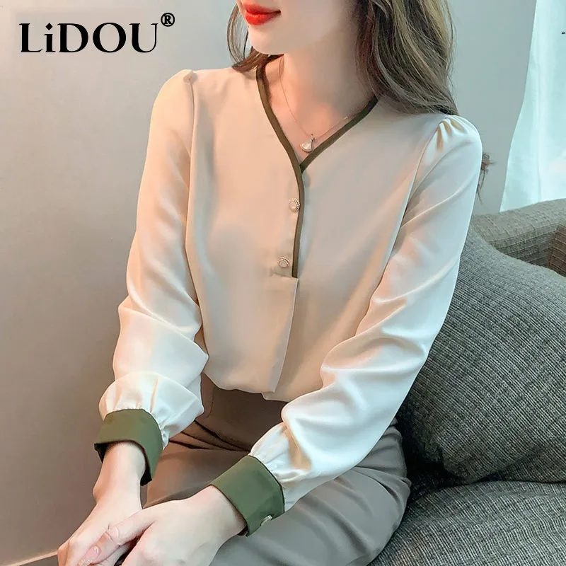 

Tops Women New Blouse Autumn Spring Chic Button V-neck Long Sleeve Pullovers Popularity Korean Style Solid Color Elegant Fashion