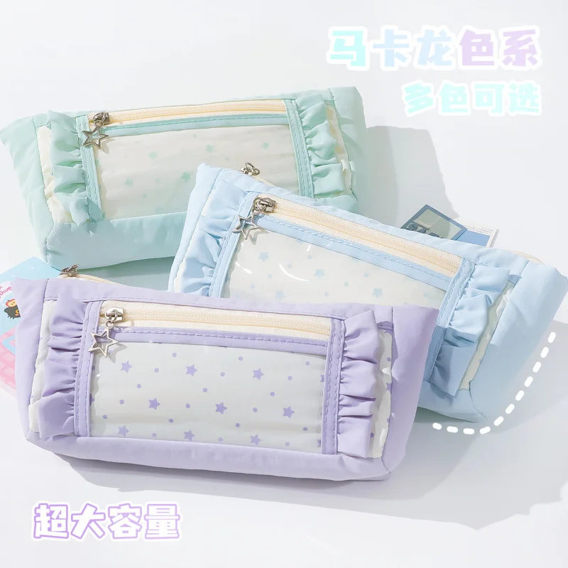 Double Butterfly Pencil Case with Star Window, Large Capacity Cute Pen Bag - Badge Display Pouch, Anti-dirty Ins Style Stationer