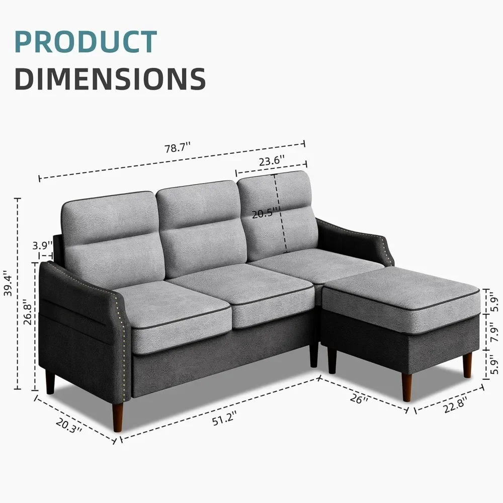 L Shaped Sofa, with Side Storage Bag, with Reversible Chaise and Rivet Decor for Apartment,Convertible Sofa for Living Room