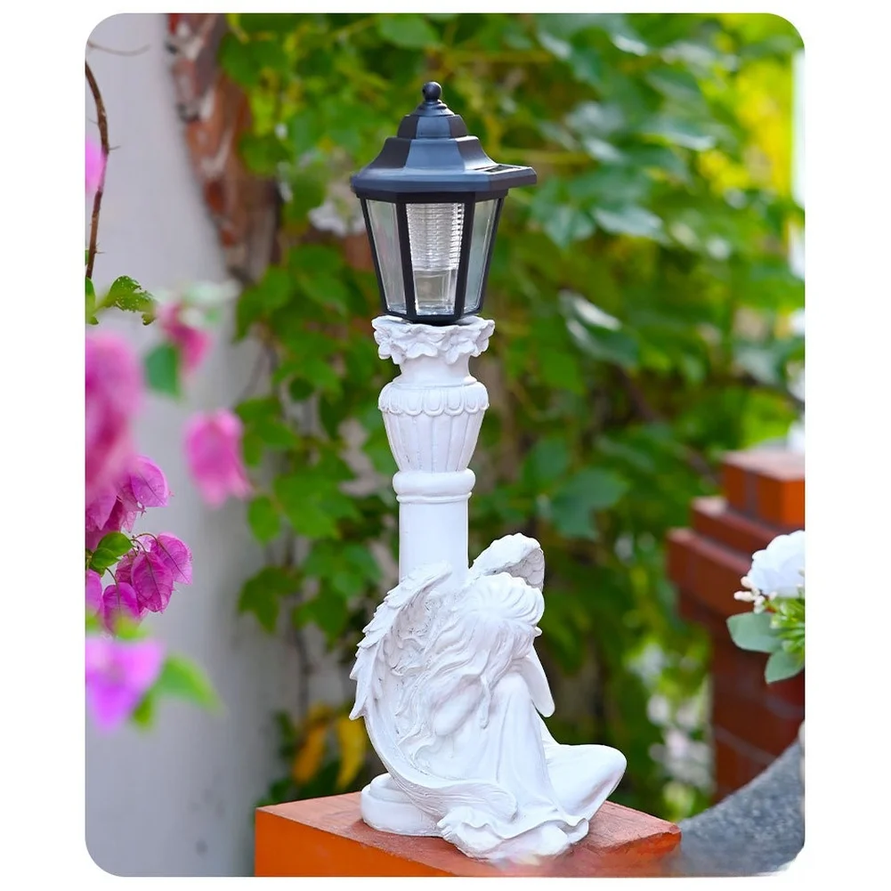 Resin Celestial Statue with Solar Power and Automatic Night Light for Garden Yard Patio Decor White Roman Column Design