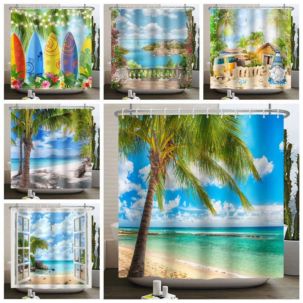 Summer Hawaii Beach Shower Curtains Seaside Tropical Ocean Palm Tree Blue Sea  Surfboard Nature Scenery Bath Bathroom Curtains