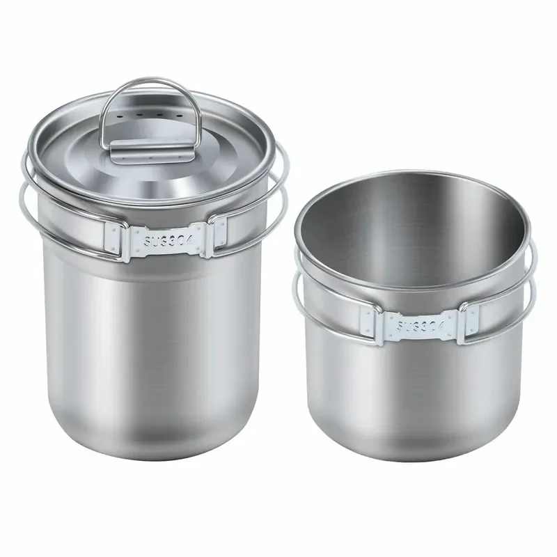 2PCS Portable Compact Stackable Stainless Steel Cups Outdoor Camping Mugs with Foldable Handle for Camping Fishing Backpacing