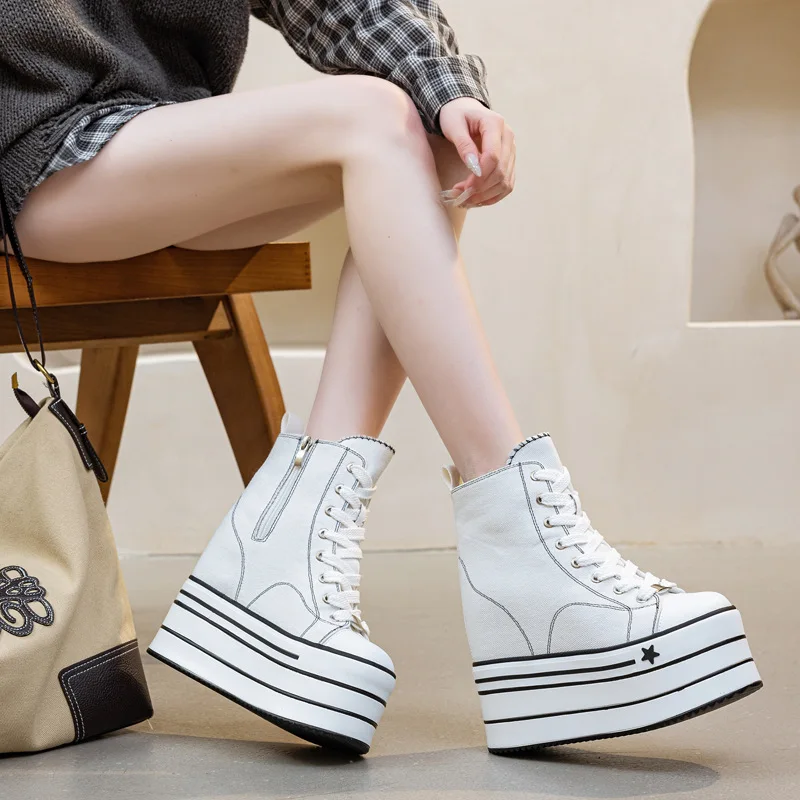 Custom 16cm High Heel Platform Women Casual Canvas Shoes Fashion Autumn Slip On Loafers view 5
