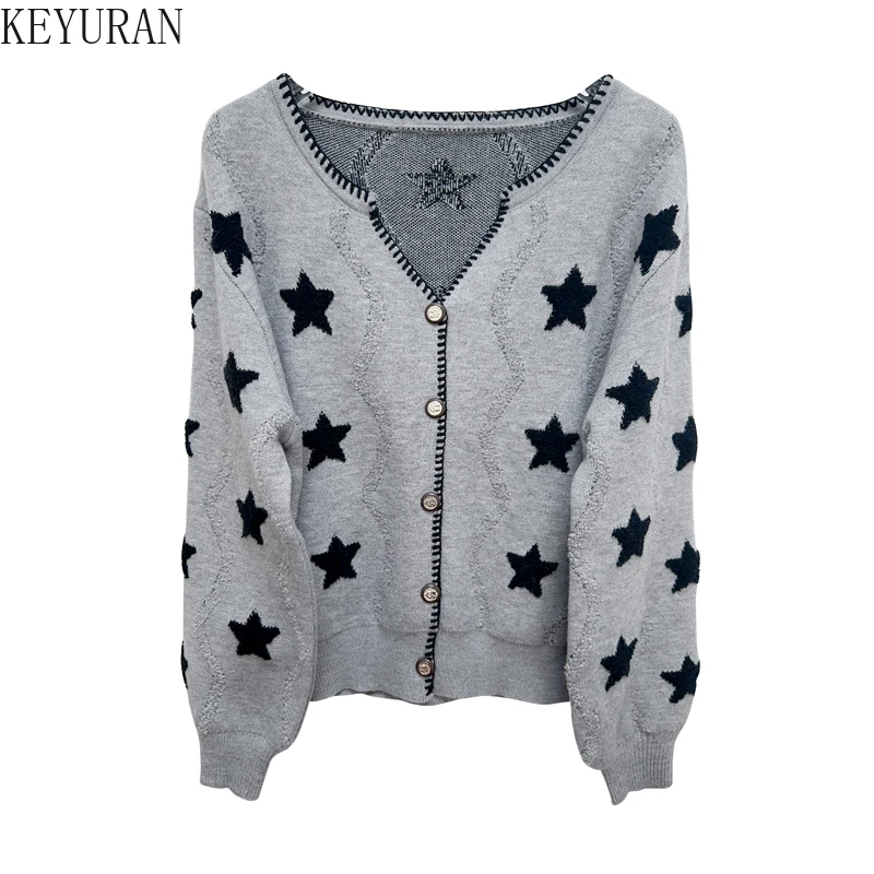 2024 Autumn Winter Loose Sweater Coat Women\'s Vintage V Neck Long Sleeve Button Star Graphic Knit Cardigan Jacket Knitwear Tops