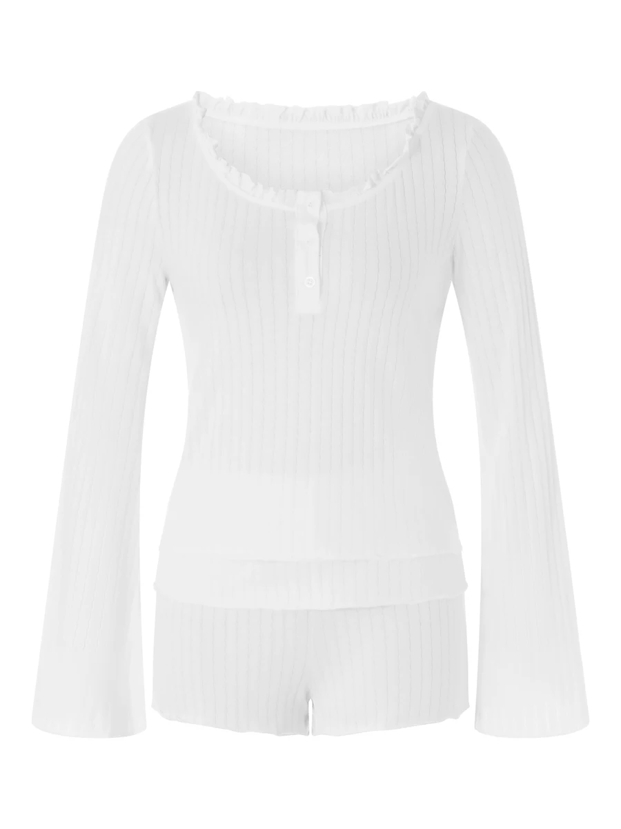 SOLILOQUY Women Two Pieces Sweetness Lounge Set Long Sleeve Button Down Ribbed Knit Shirt Shorts Fluttery Pjs Sleepwear