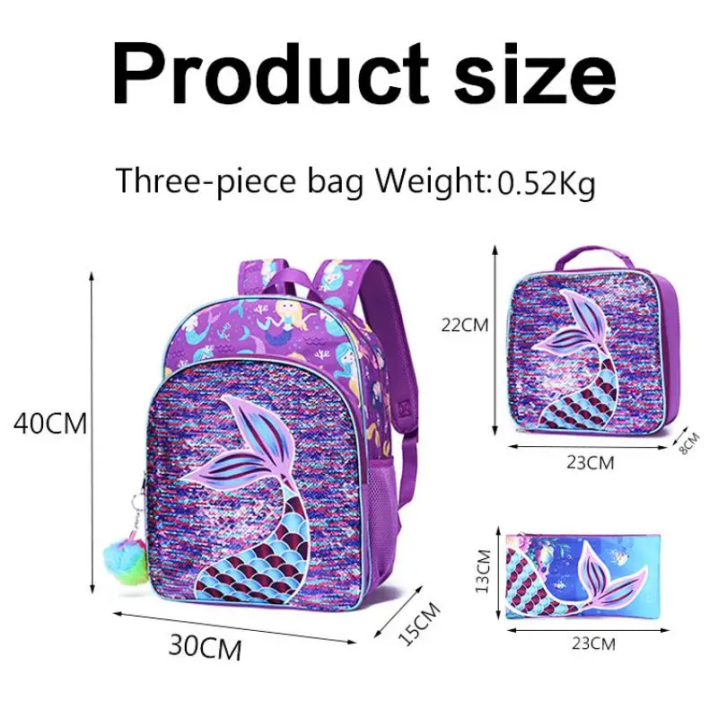 3 pcs/set Bonito Dos Desenhos Animados Sereia Escola Sacos Para Meninas Estudante Mochila Crianças Sacos De Escola Com Lunch Bag Lápis Caso