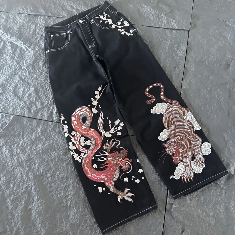 High Street Black Wide Leg Derschutze Jeans Heavy Dragon Tiger Cloud Plum Embroidery Sides Loose Drape Straight Denim Trousers