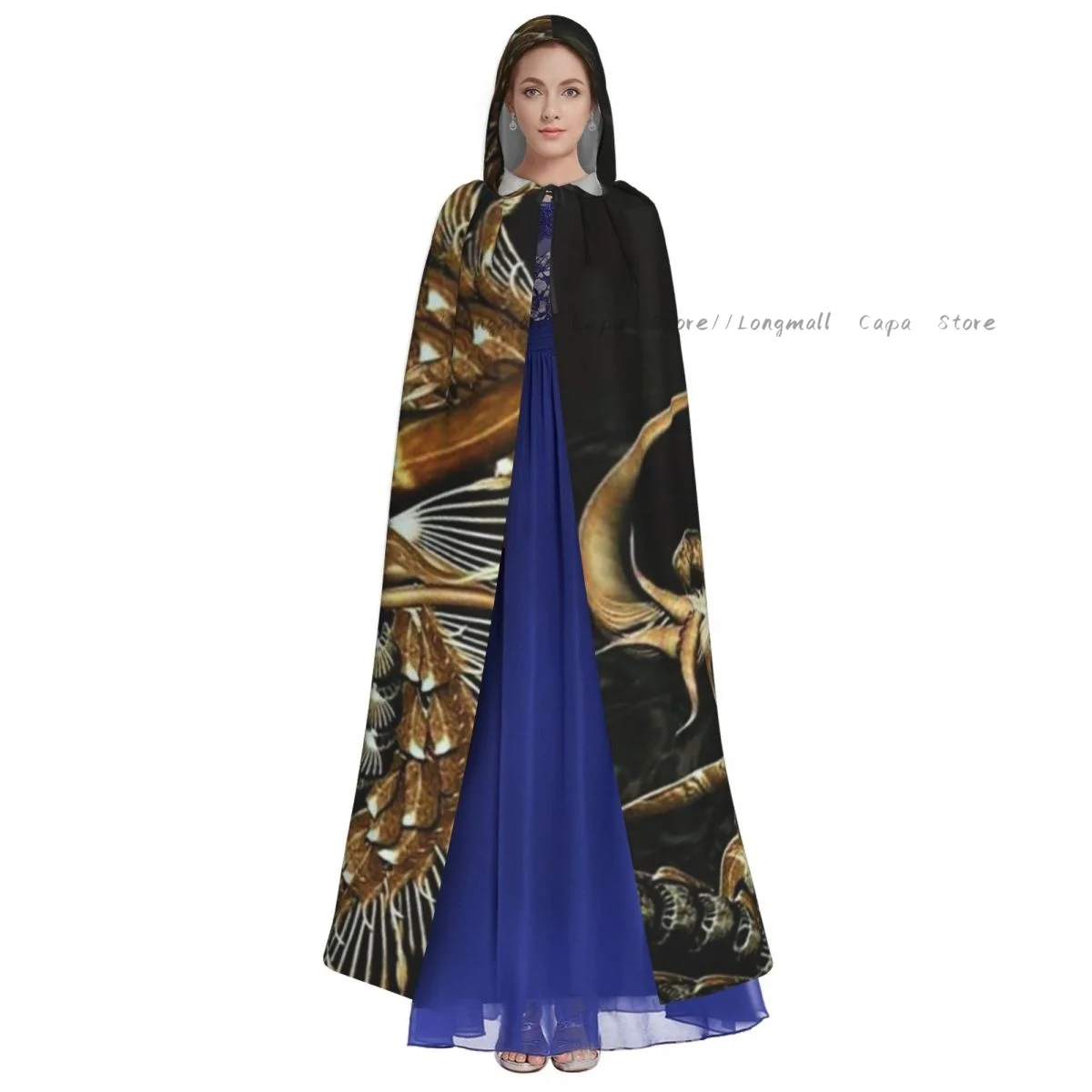 Adult Halloween Gold Gragon Print Cloak Cape Hooded Medieval Costume Full Length Dress Coat