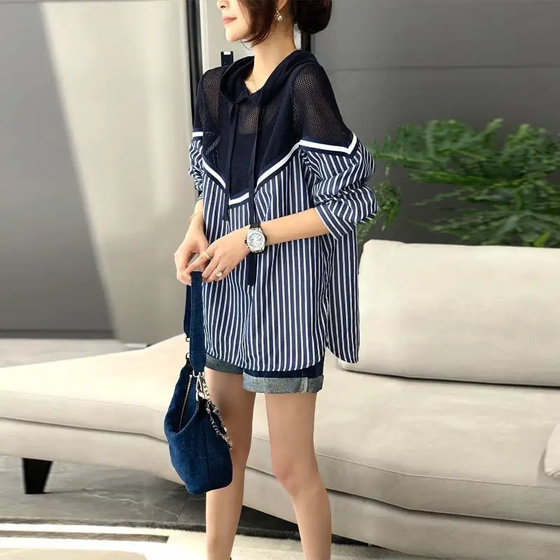 Fashion Hooded Spliced Striped T-shirt Spring Autumn Women\'s Clothing Casual All-match Long Sleeve Hollow Out Tops for Female