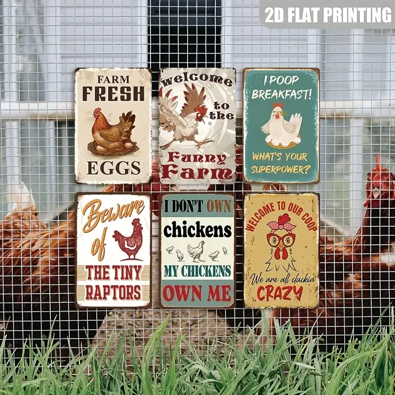 2D Flat, 6pcs, Vintage Metal Chicken Coop Signs, Farmhouse Wall Decor, Funny & Humorous Tinplate for Hen House, for home, Garden