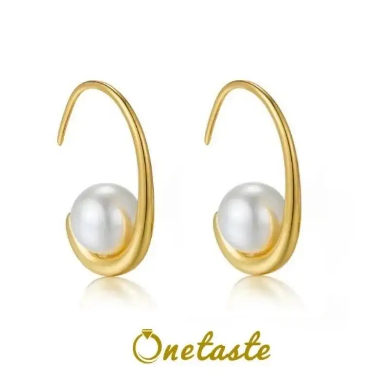 

CLEARANCE 925 Sterling Silver Gold Plated Shell Pearl Hoop Earrings Geometric Semi Circle French Style Simple Earring