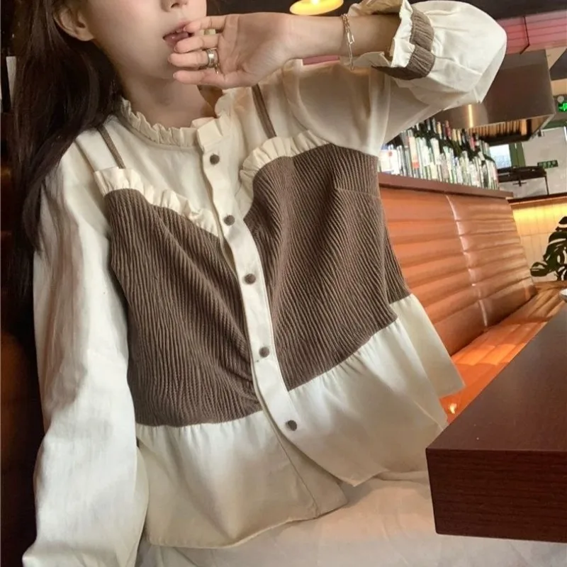 Niche Shirts for Women Fake 2 Pcs All-match Long Sleeve Design Ruffles Ins Girls Sweet Spring Autumn Casual College Soft Young