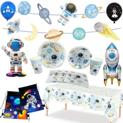 Blue Planet Astronaut Space Disposable Tableware Kids Birthday Table Decorations Paper Plate Cup Napkin Astronaut Rocket Balloon