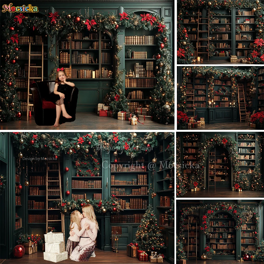 Christmas Bookshelf Background Photography Xmas Tree Garland Retro Green Room Backdrop Decor Winter Kid Birthday Photo Studio