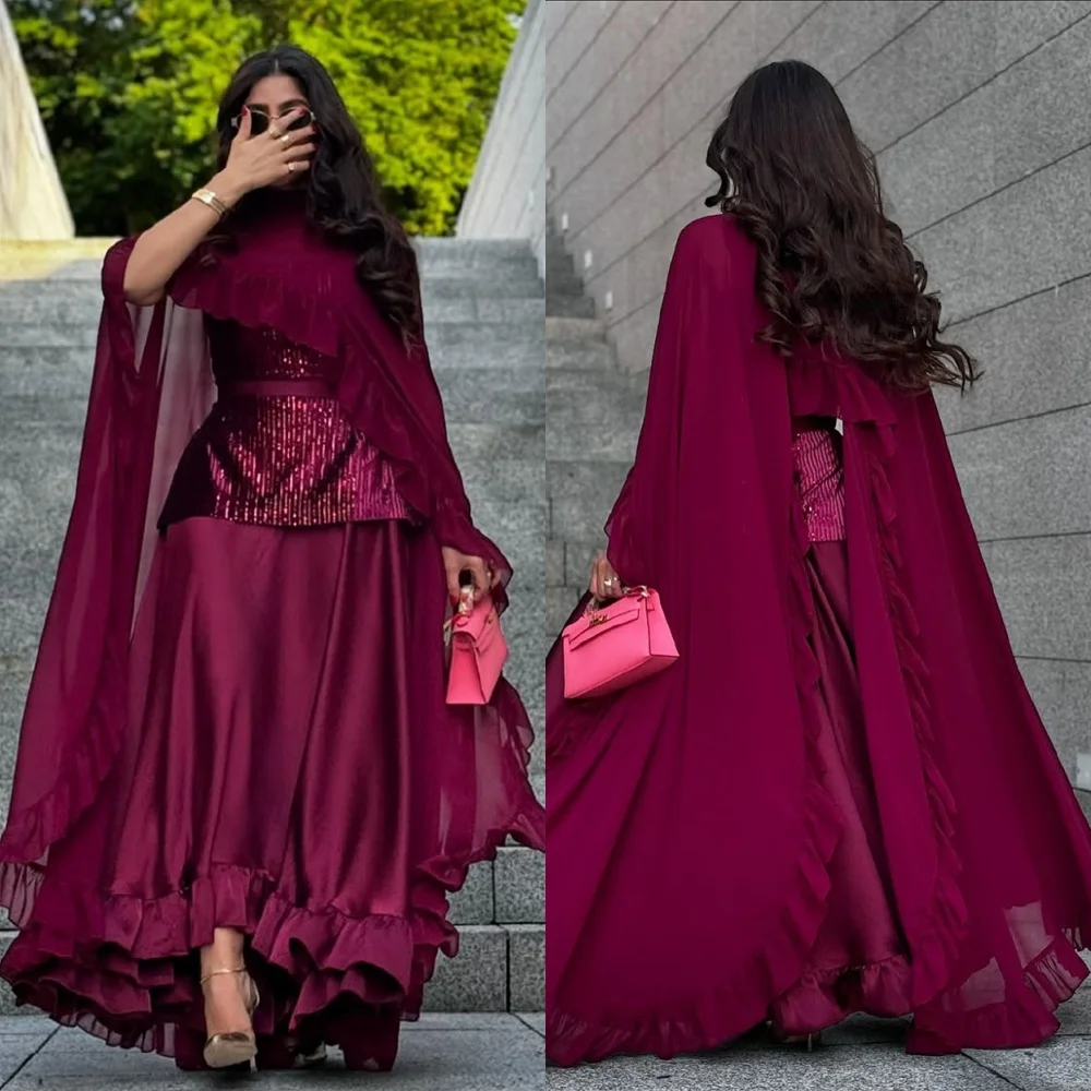 

Customized Sparkly Burgundy Chiffon Evening Dress Delicate Shawl Homecoming Dresses Luxury Sequined Special Occasion Gowns