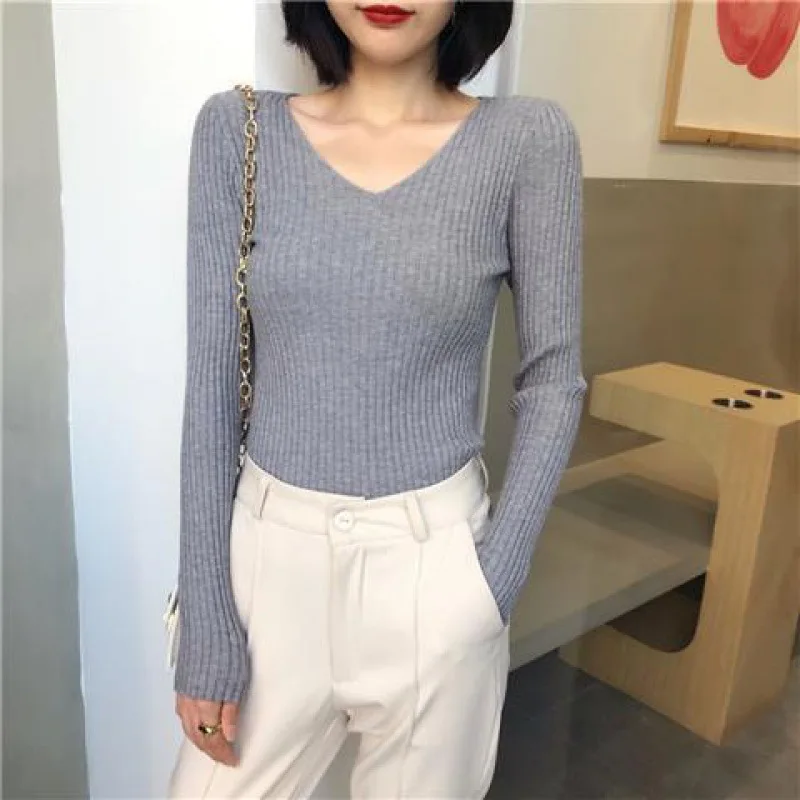 Autumn Fashion Female Long Sleeve V-neck Skinny Elastic Casual Sweater Women Knitted Shirts Pullover Top Women\'s Sweaters