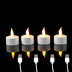 1/2/3/4 Pieces Yellow Light LED Candles With USB Charge,Flameless Decorative Wedding Christmas Rechargeable Tea Lights