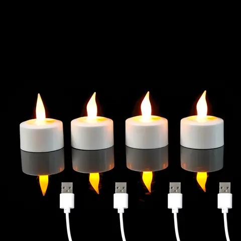 USB 충전식 노란색 빛 LED 촛불, 불꽃 없는 장식, 웨딩 크리스마스 충전식 티 라이트, 1 개, 2 개, 3/4 개