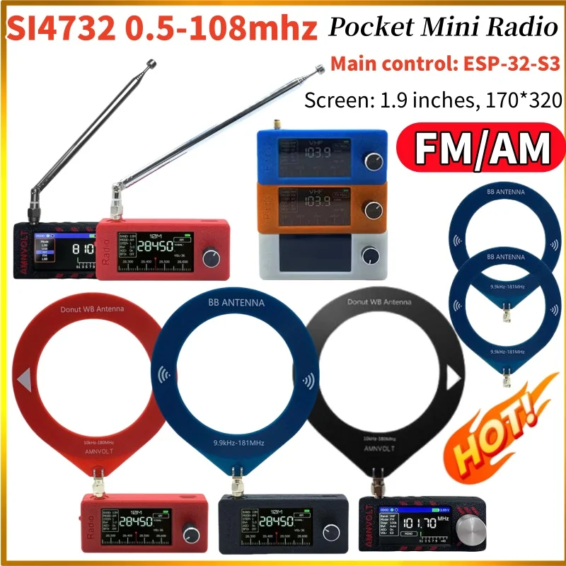 New Mini SI4732 0.5-108mhz Pocket Radio 1.9inch IPS Screen FM/AM All Band HF SW MW VHF ESP32 Radio Receiver with Ring Antenna  ﻿