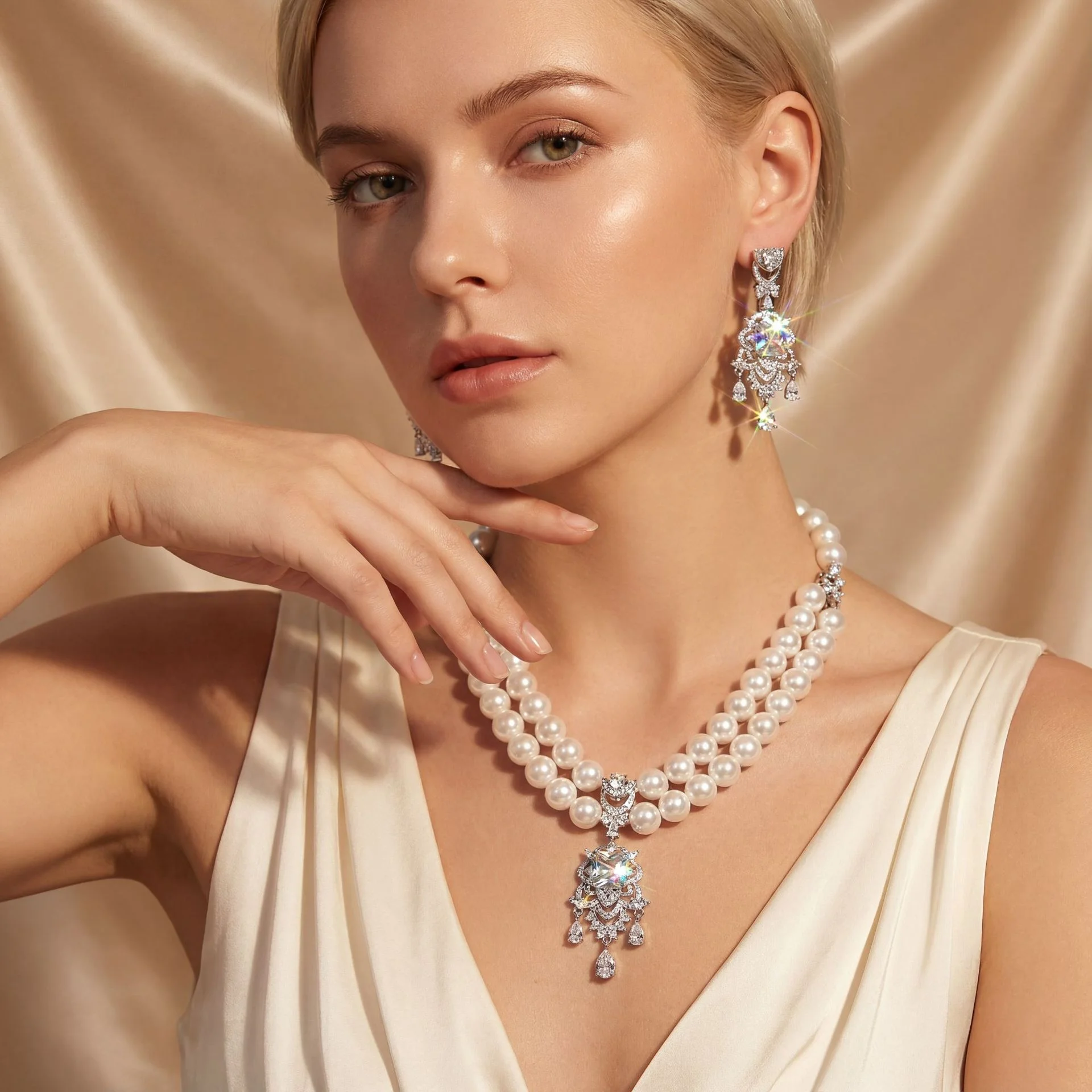 

Double Layer Pearl Clavicle Chain, Shiny Diamond Water Drop Pearl Jewelry Set, Elegant Bridal Accessories Wholesale