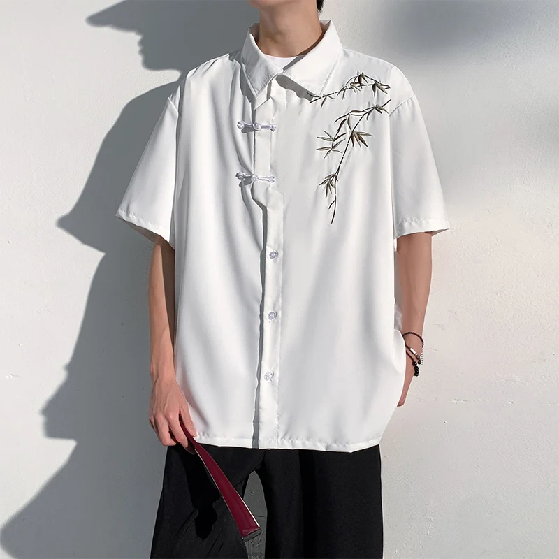 2024 Summer Chinese Style Embroidery Turn Down Collar Frog Pocket Men\'s Single Breasted Fashion Short Sleeve Loose Shirt Tops