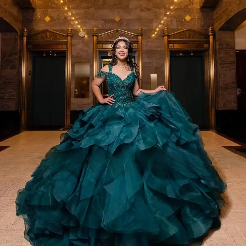 Vestidos De Quinceañera verde De lujo, Vestidos De baile De cristales De princesa dulce 16, vestido De graduación De Quinceañera 15