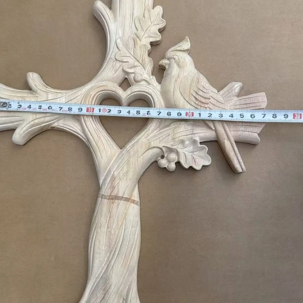 Decorative Wooden Cross Red Bird Wall Art Hand Carved Pine Hanging Ornament For Home Interior Decoration Aesthetic